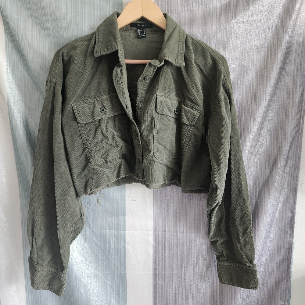 Forever 21 Olive Green‎ Corduroy Cropped Raw Hem Distressed Jacket M Gorpcore